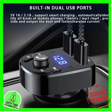 Adaptador Transmisor Bluetooth FM Radio Cargador Celular 2,1A 2 USB Encendedor Cenicero Manos Libres Auxiliar Jack 3.5