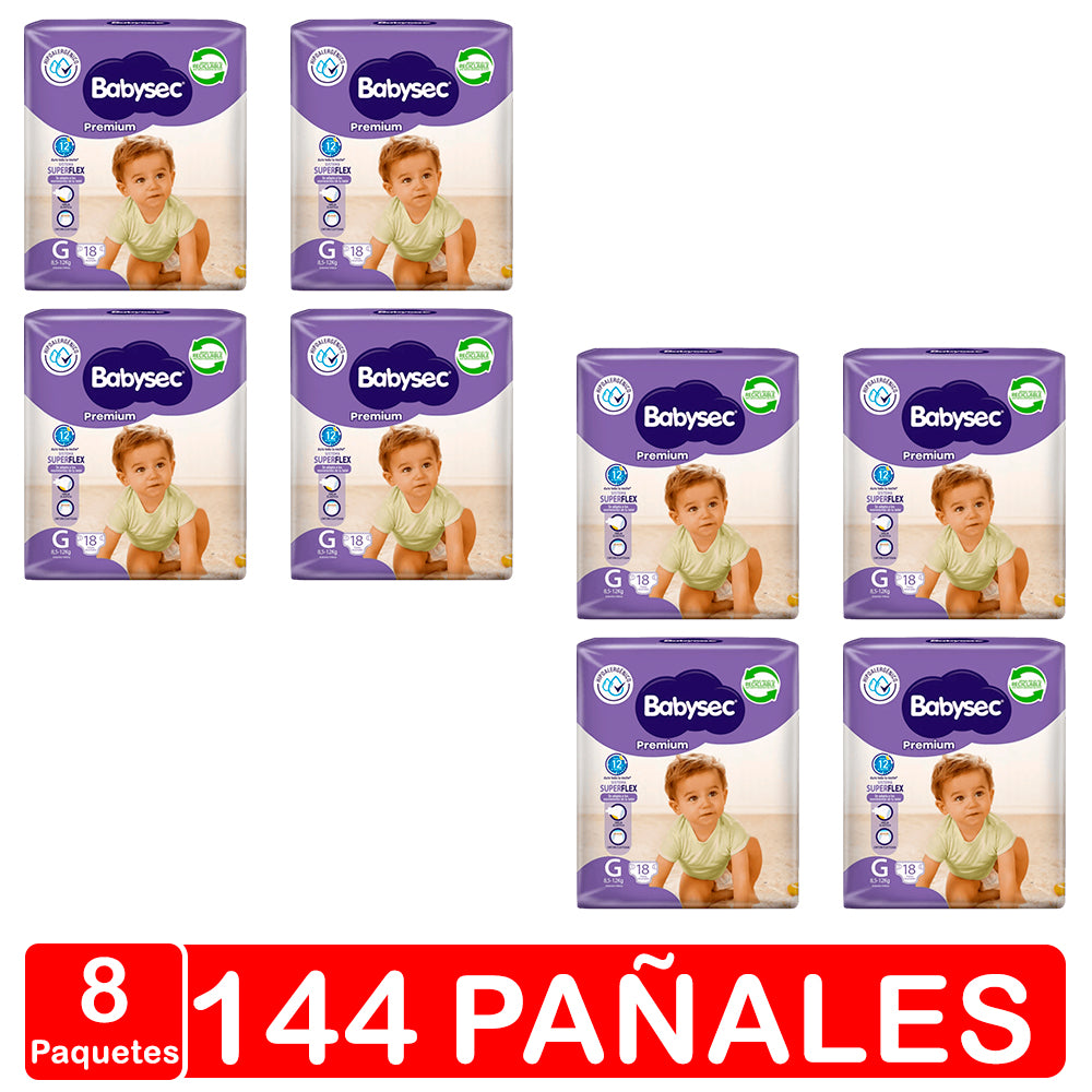 Pañales Babysec Premium – Talla Grande(G) – 144 Unidades