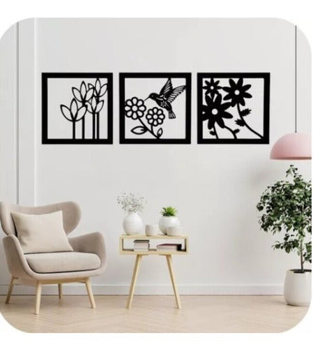 Cuadro Decorativo  Colibrí Flores Pack 3 Madera Mdf 3mm