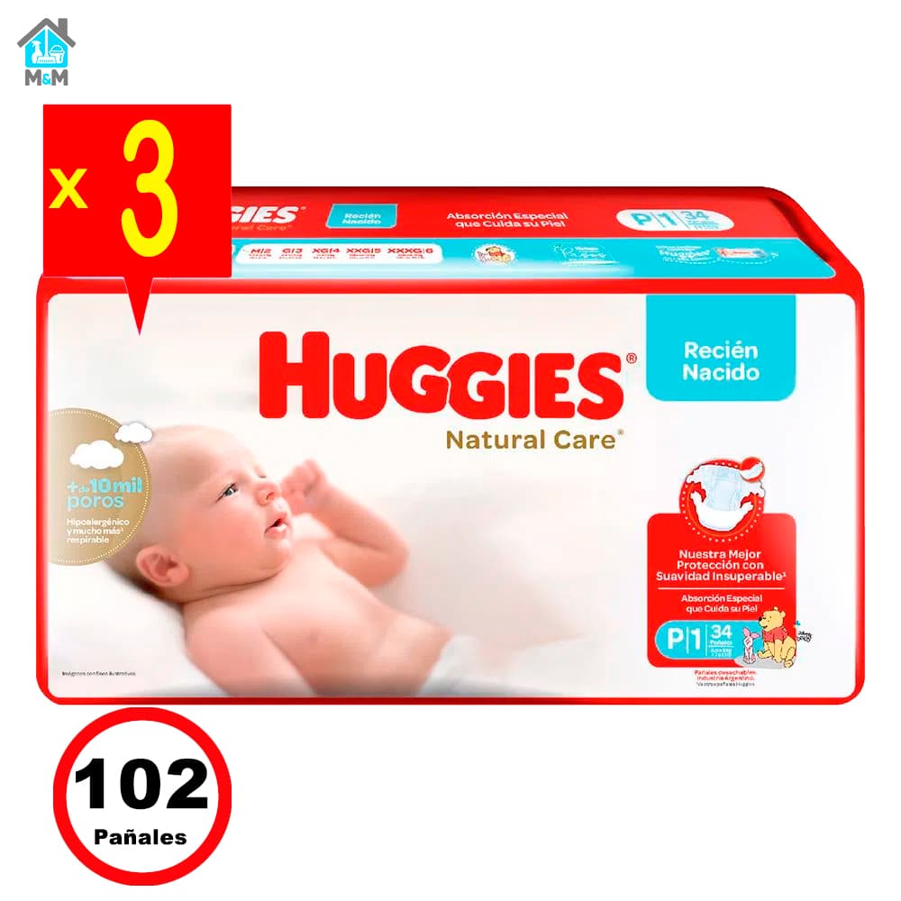 Pañales Huggies Natural Care – Talla Pequeño(P) – 102 Unidades