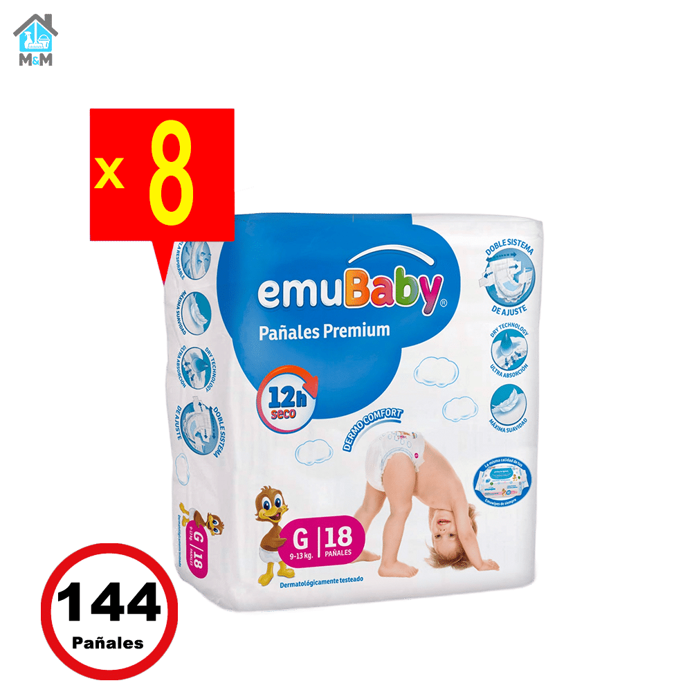 Pañales Emubaby Premium – Talla Grande(g) – 144 Unidades