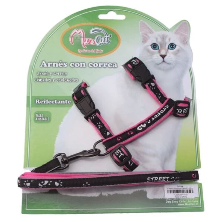 Arnés Y Correa Gato Acolchado Reflectante Fucsia Mascan